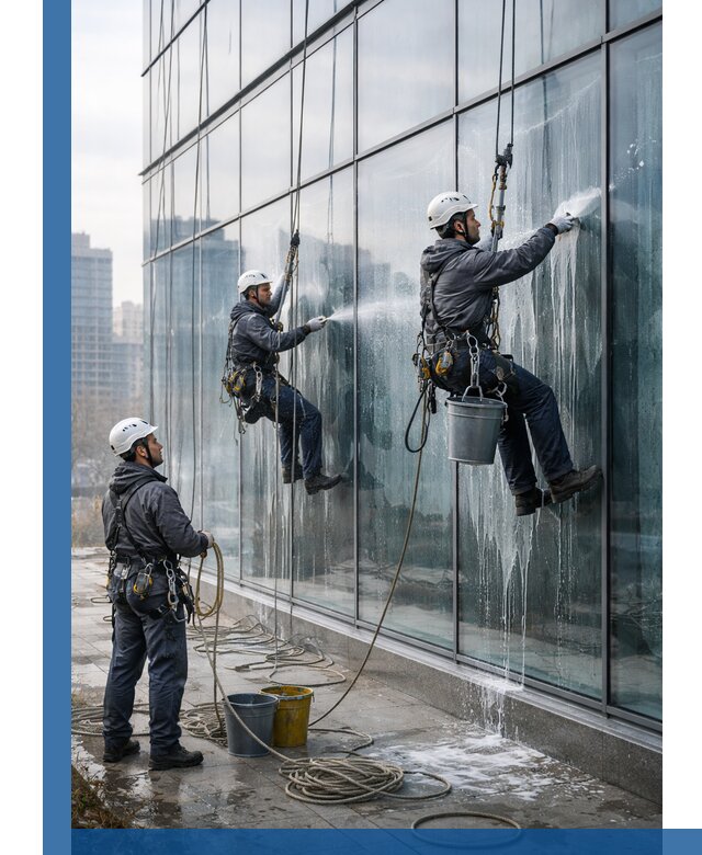 Промышленная мойка панорамных окон на высоте в Мытищах