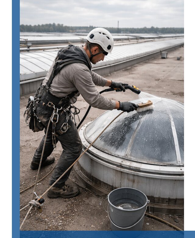 Мойка зенитных фонарей на кровле для промышленных объектов в Мытищах