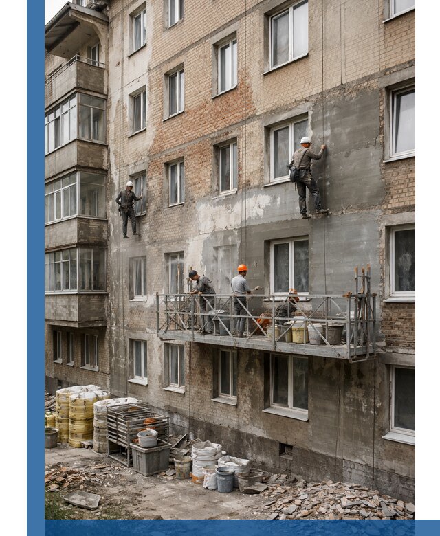 Капитальный ремонт фасада в Мытищах с восстановлением и гидроизоляцией