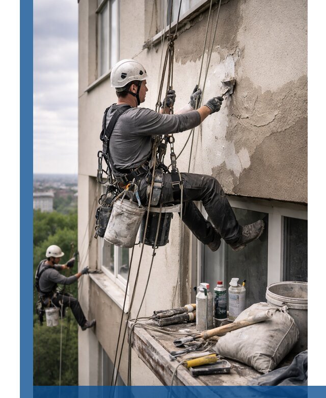 Косметический ремонт фасада зданий в Мытищах промышленными альпинистами