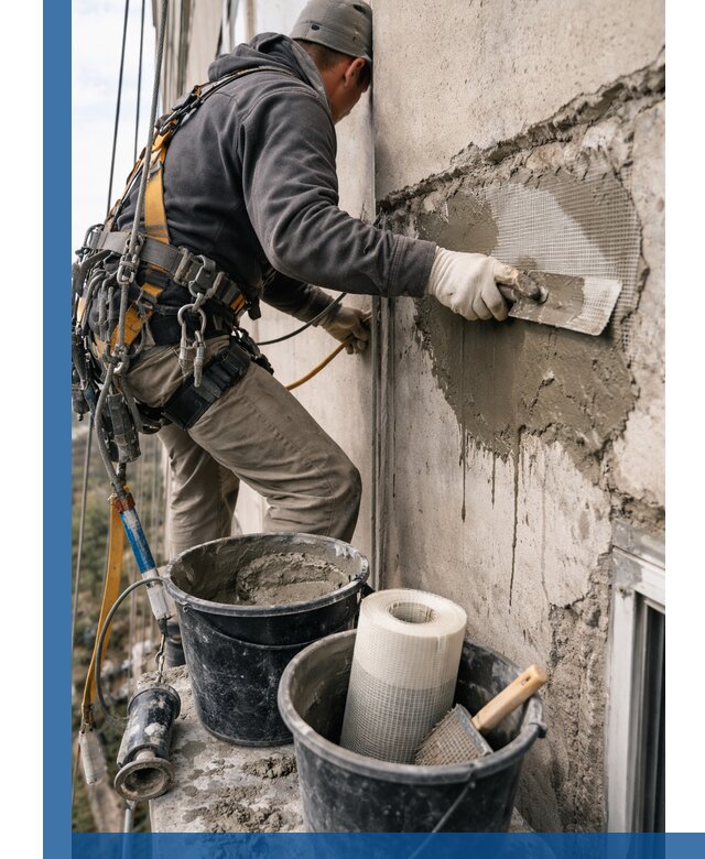 Ремонт бетонных элементов фасада промышленными альпинистами в Мытищах