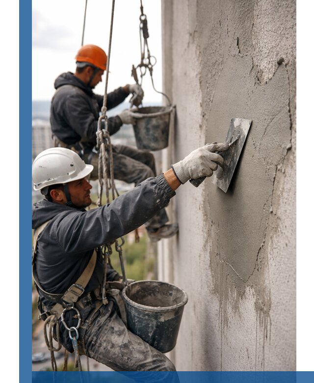 Штукатурка фасада на высоте в Мытищах профессиональные работы