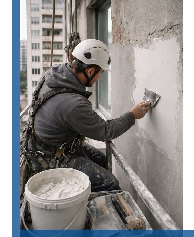 Шпаклевка фасадов на высоте с промальпинистами в Мытищах