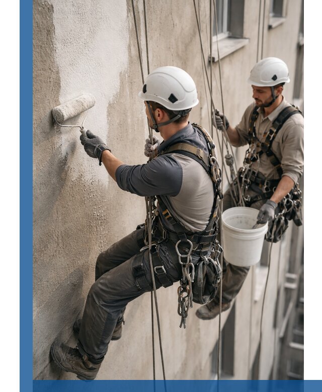 Грунтовка фасада на высоте в Мытищах промышленными альпинистами