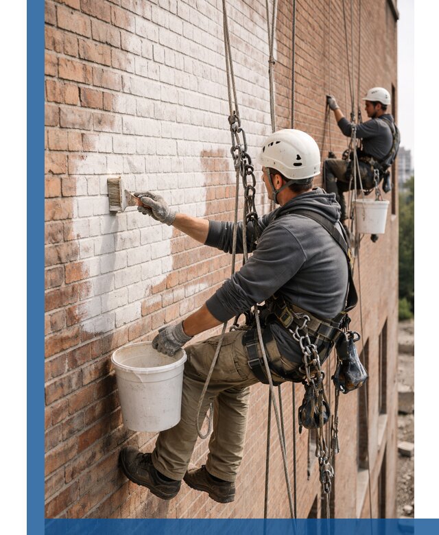 Покраска кирпичного фасада с доступным альпинистским сервисом в Мытищах