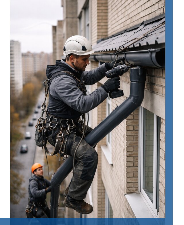 Монтаж водосточной системы на здании в Мытищах от 5078 р. | ВЫСОТНИК-Мтщ