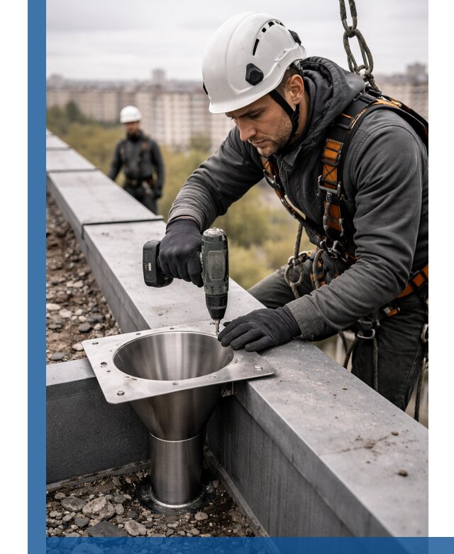 Монтаж водосточных воронок в Мытищах для промышленных зданий