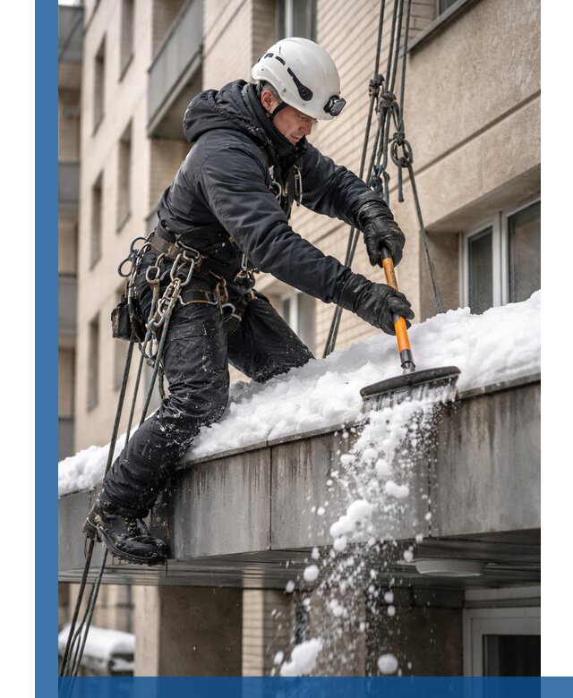 Очистка козырьков от снега в Мытищах круглогодично безопасно