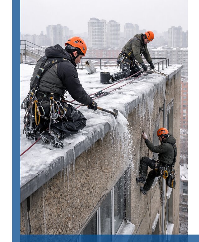 Удаление наледи с кровли в Мытищах промышленными альпинистами