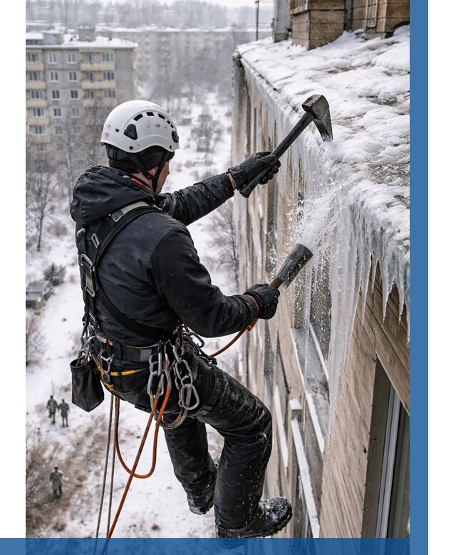 Сбивание сосулек с крыши в Мытищах по цене от 4570 р. | ВЫСОТНИК-Мтщ