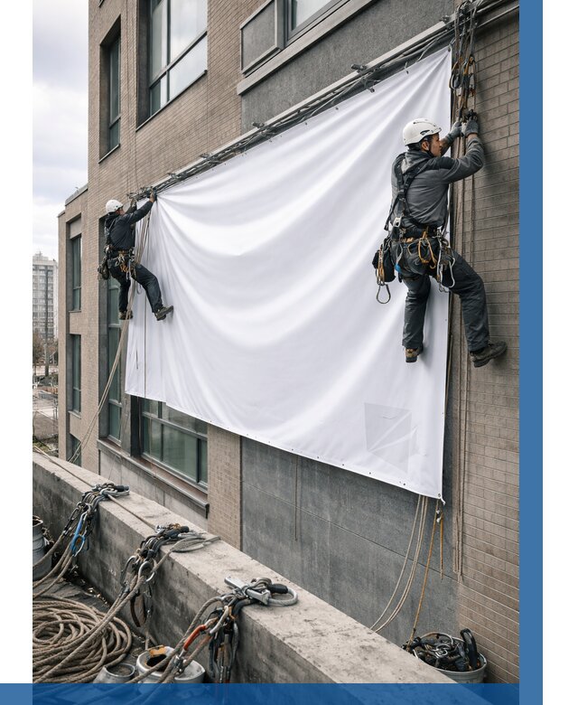 Монтаж баннеров на фасаде в Мытищах от 660 р. заказать ВЫСОТНИК-Мтщ