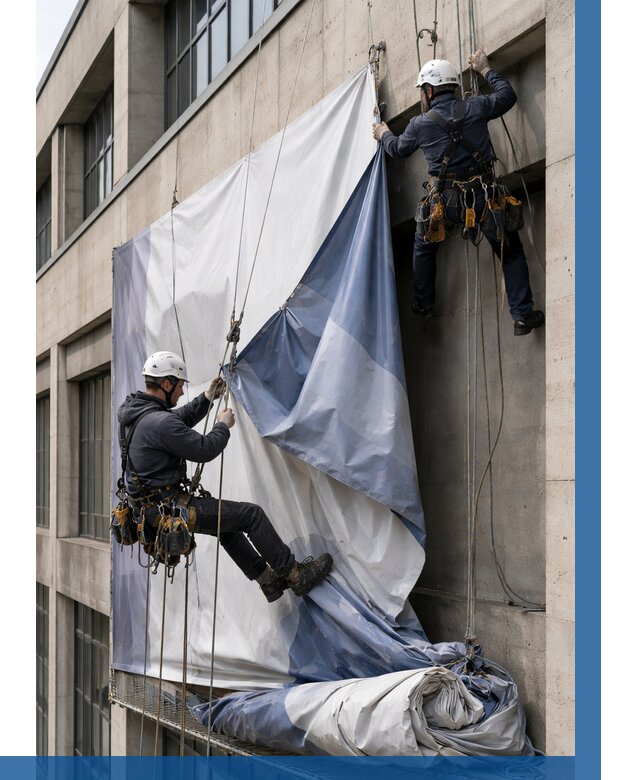 Демонтаж баннеров с фасада в Мытищах от 4570 р. | ВЫСОТНИК-Мтщ