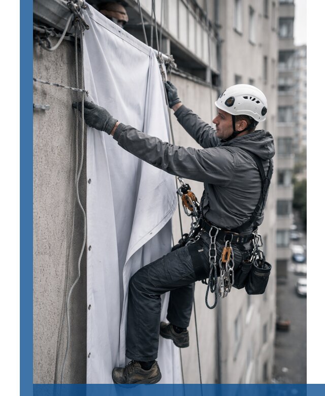 Замена баннерного полотна промышленными альпинистами в Мытищах