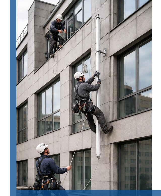 Монтаж флагштока на фасаде здания с креплением и герметикой в Мытищах