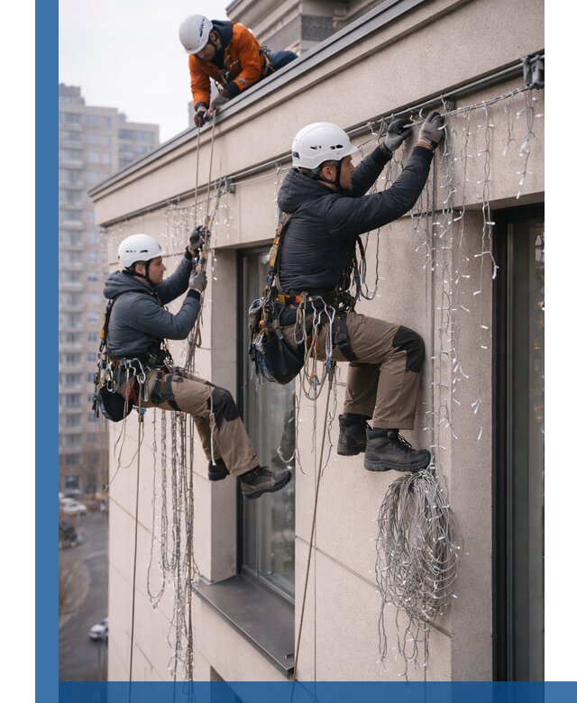 Монтаж праздничных гирлянд на фасаде в Мытищах для зданий