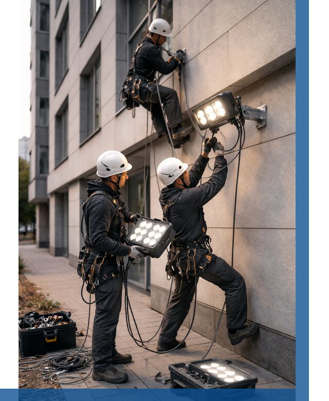 Монтаж прожекторов на фасаде в Мытищах от 7616 р. | ВЫСОТНИК-Мтщ