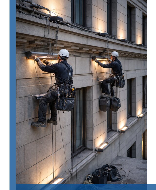 Монтаж архитектурной подсветки фасадов зданий в Мытищах