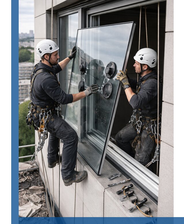 Замена стеклопакетов на высоте с промышленными альпинистами в Мытищах