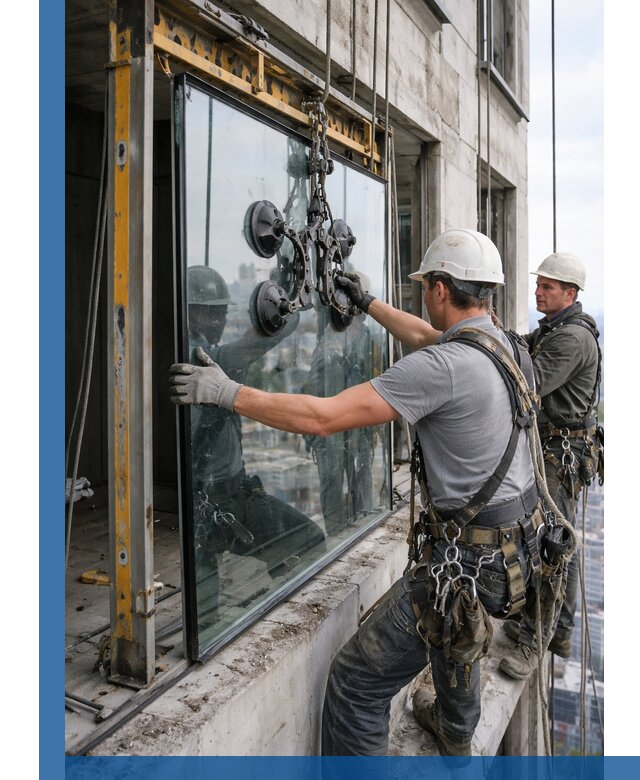 Монтаж стеклопакетов на высоте в Мытищах с промышленным альпинизмом