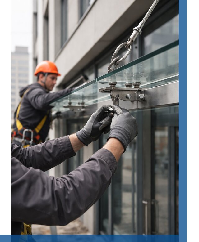 Монтаж стеклянных козырьков в Мытищах от 8632 р. | ВЫСОТНИК-Мтщ