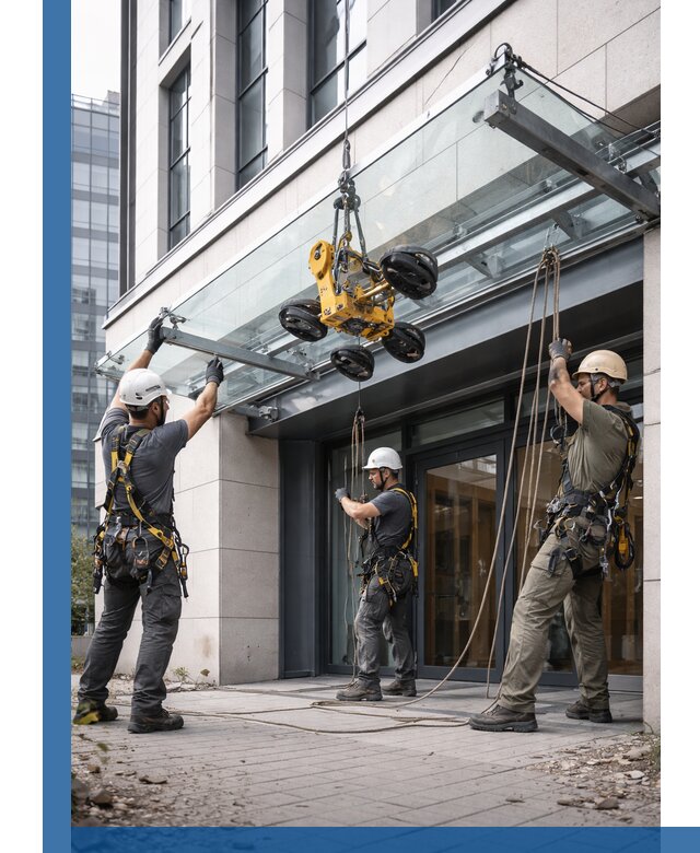 Монтаж стеклянных козырьков под ключ в Мытищах для зданий