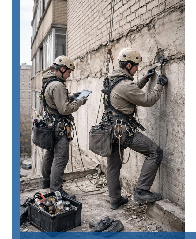 Обследование фасада промышленными альпинистами в Мытищах